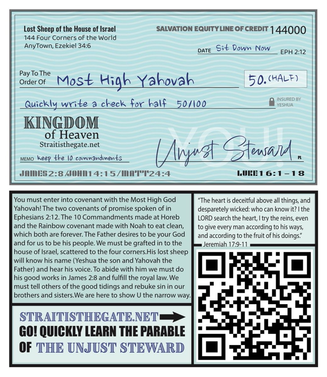 PaulElundgren's tweet photo. You are an unjust steward! Quickly, sit down and write a check for half!
#christian #salvation #royallaw https://t.co/QteOwP8kWH