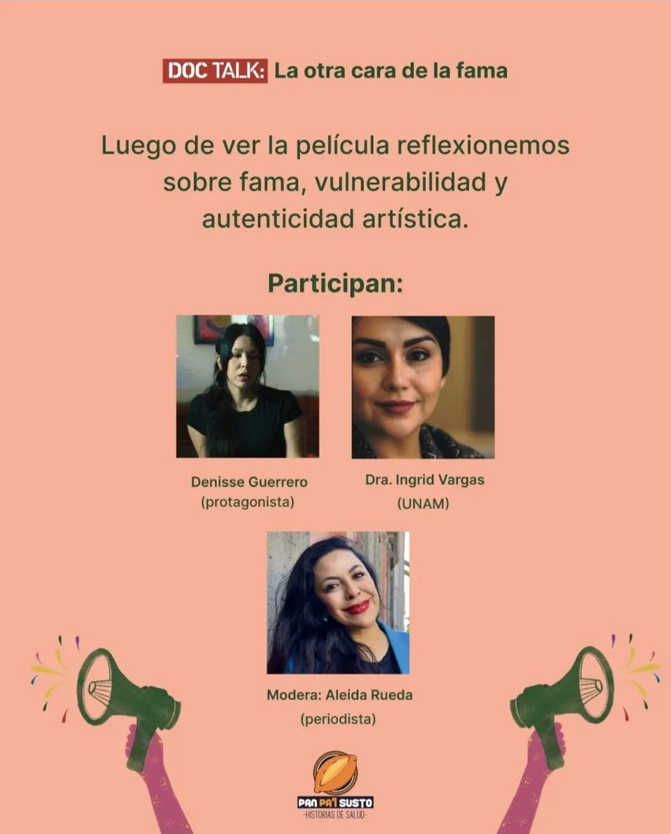 lolacometa's tweet photo. ¡@PanPalSustoMX estará en @DocsMX 🎥!
Voy a conversar con Denisse Gerrero (vocalista de Belanova) e Ingrid Vargas (psiquiatra) sobre los costos de la fama para la salud mental. 
Ya no hay cupos para la conversación pero pueden ver la película en Cinematografía Insurgentes. https://t.co/a42jHfKZHM