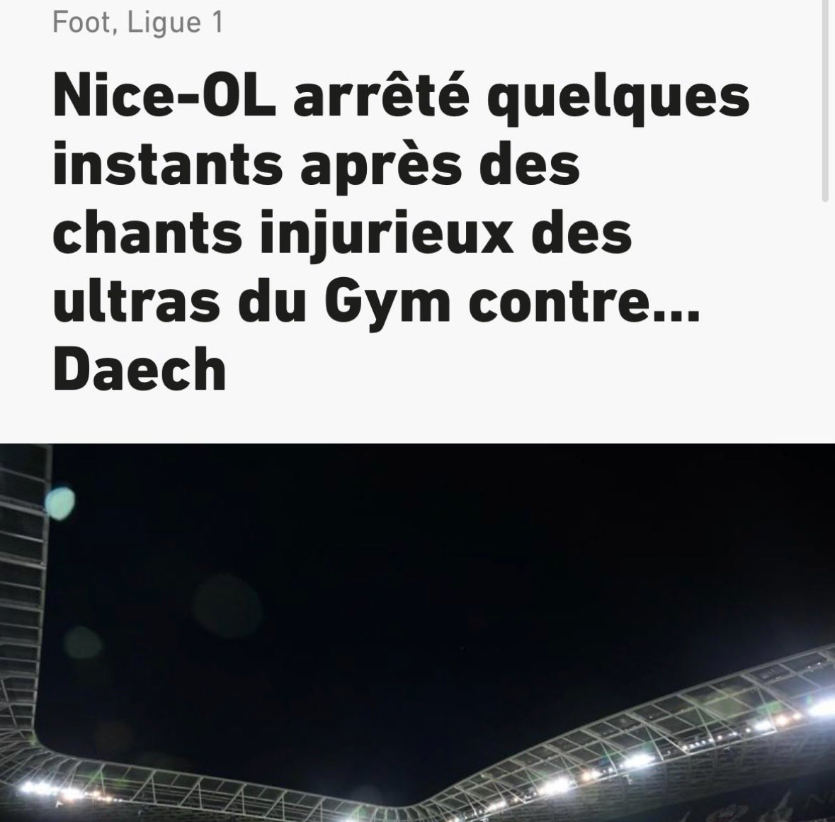 Quelle honte pour la <a href="/LFPfr/">Ligue de Football Professionnel</a> d’avoir interrompu le match Nice-OL ce soir.

Un déshonneur pour la mémoire de des 86 anges sauvagement assassinés le 14 juillet par un barbare.

Pour rappel, FCK ISIS