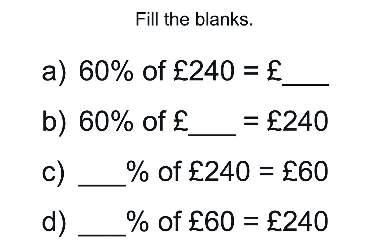 StudyMaths's tweet image. Percentage of amounts - fill the blanks.
Which is the easiest to fill?
#1001MathsBots
mathsbot.com/tasks