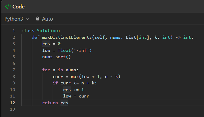 mohitmehtre's tweet image. Leetcode POTD 3397 ✅
Code: clean and efficient — minimal lines, max impact 💥
Logic: greedy + sort + clever range shifting
Explanation: feels good to write something that just clicks instantly ✨
Full breakdown + code below 👇
#Leetcode #POTD #Coding #Python