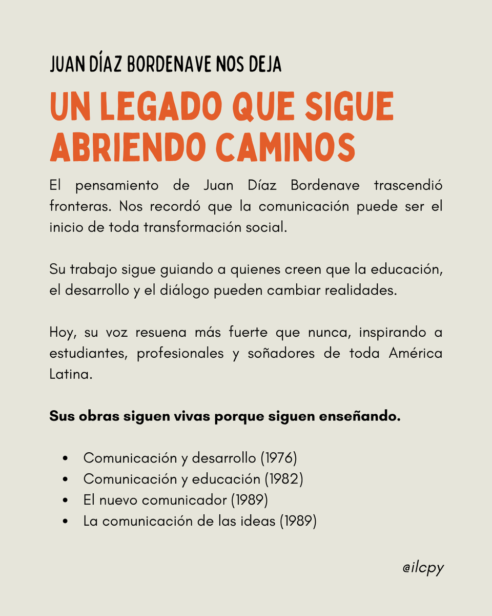 ILC_py's tweet photo. 💬 Bordenave nos enseñó que comunicar es escuchar, y escuchar es transformar.

Su legado sigue vivo en cada palabra compartida.

#SimposioDeLaComunicación #Bordenave100Años https://t.co/3H2aTvS8YL