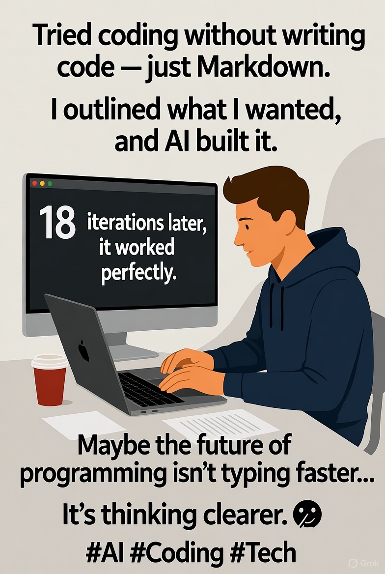 Muskaan_Fayyaz's tweet image. I tried coding… without writing code.
Just a Markdown plan — AI did the rest.
18 iterations, countless tweaks, one perfect script.
Maybe the next big skill in tech isn’t typing faster —
it’s thinking clearer. 💭
#AI #Coding #Tech #Innovation