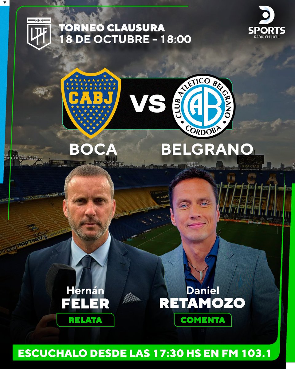 Tarde de emociones en <a href="/DSportsRadio/">DSports Radio 103.1 FM</a> 103.1 
#TorneoClausura 
#BocaJuniors #Belgrano 
Junto a  <a href="/hfeler/">Hernán Feler</a> <a href="/DanielRetamozo/">Daniel Retamozo</a> Fafi Perez <a href="/Leandropaz08/">Leandro Paz ✳️</a> y <a href="/mavegol/">Silvio Maverino</a>