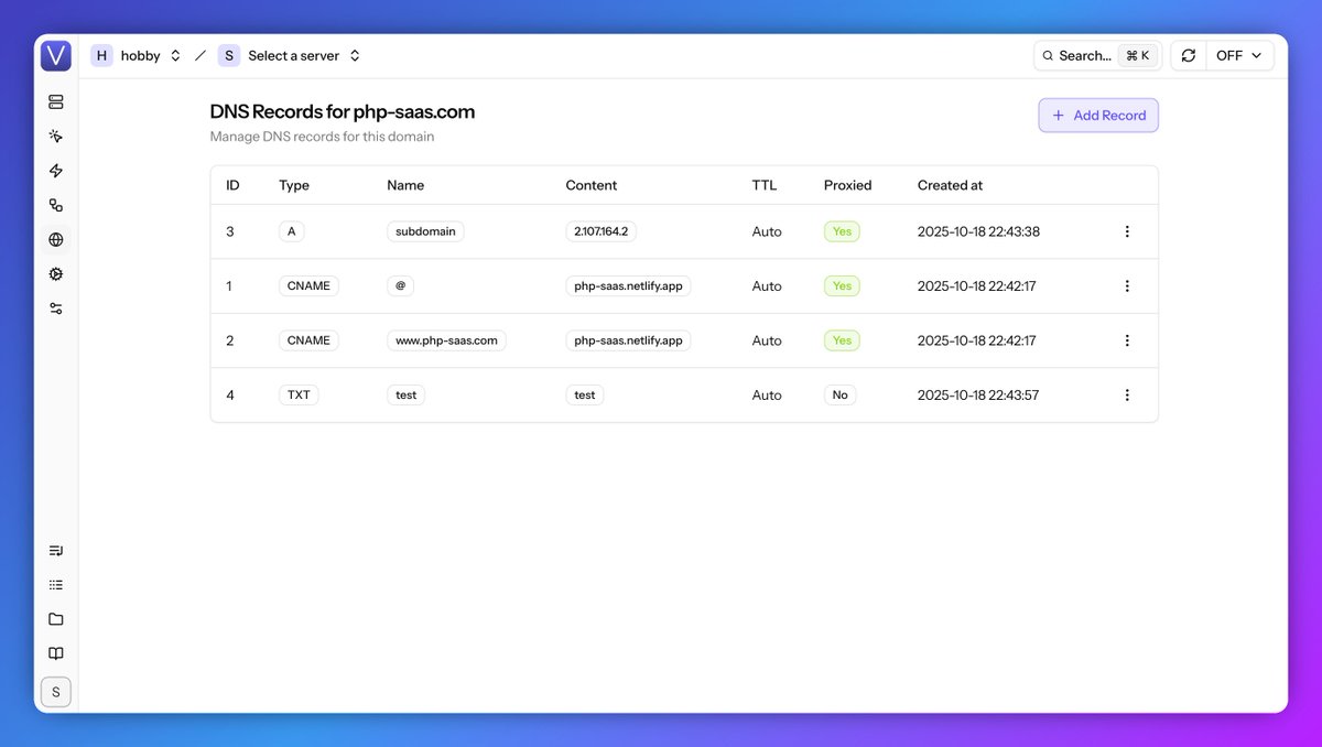 VitoDeploy 3.13.0 is out! 🎉
You can now manage your domains' DNS records with Vito 🚀