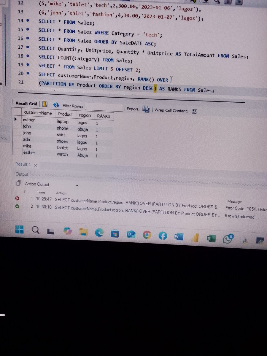 Etty_official's tweet image. Today almost slipped off…
Network issues almost won, but I refused to break my streak.  
Day 23 of #100DaysOfSQL ✅
I  treated PARTITION BY window function today.  Still learning. Still showing up.  
#SQL #LearningJourney #DataAnalytics #StudentInTech  #100DaysOfCode