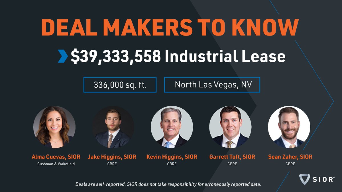 When expertise meets execution! Congrats Alma Cuevas, SIOR; Jake Higgins, SIOR; Kevin Higgins, SIOR; Garrett Toft, SIOR; &amp; Sean Zaher, SIOR, on landing a $39.3M #Industrial lease in North Las Vegas, NV. Well done!

Submit your deals to be featured: hubs.ly/Q03Pdyfj0

#SIOR
