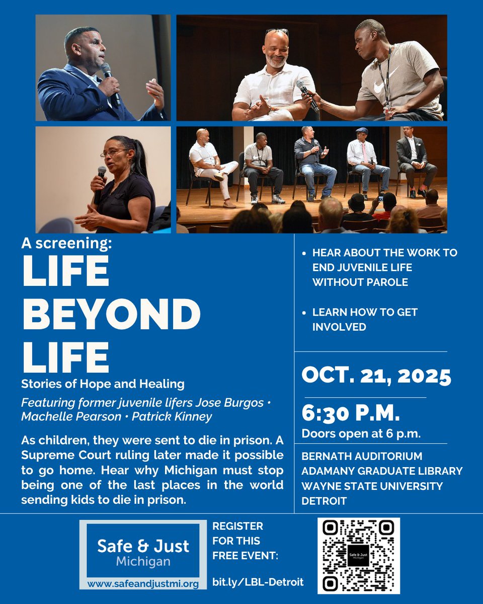 Join the <a href="/wsucbhj/">WSUCBHJ</a> for “Life Beyond Life: Stories of Hope and Healing” — a powerful evening featuring former juvenile lifers and storytelling from @SafeandJustMI.
📅 Oct. 21 | 🕡 6:30 PM | 📍WSU Bernath Auditorium
Free + open to all! Bring a friend: bit.ly/46UyGuG