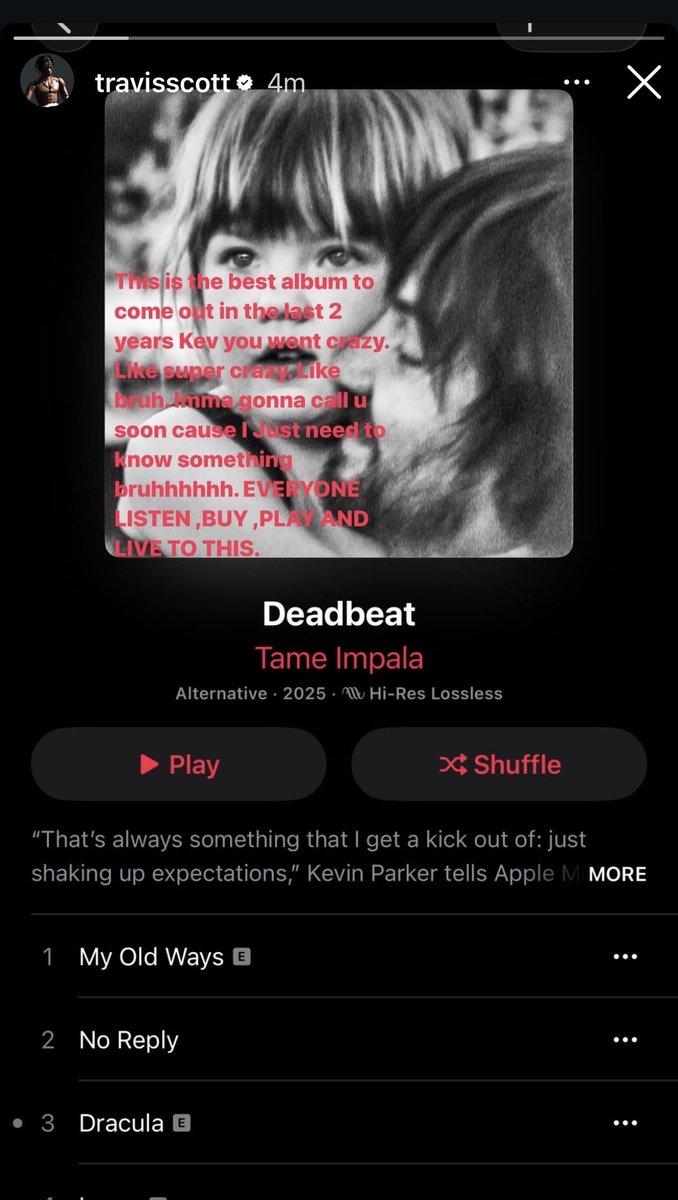 ComplexMusic's tweet image. Travis Scott says that Tame Impala's 'Deadbeat' is the best album released in the last two years