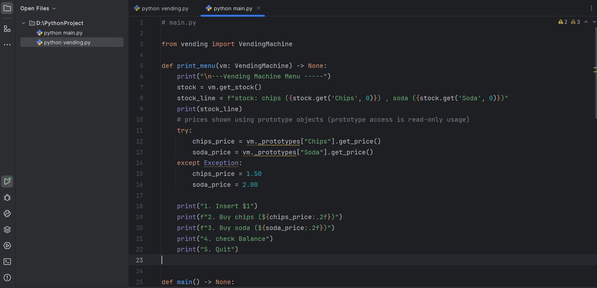 Tayeb2025T's tweet image. &quot;Built a vending machine simulator with Python! 🥤🍟 Insert coins, buy snacks, and maybe even get a freebie from a glitch! Random and intelligent features for a unique experience.
@CodeToInspire
@a_daneshyar
@f_forough
#AfghanGirlsCode #python #OOP