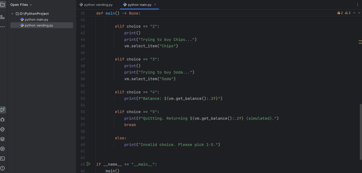 Tayeb2025T's tweet image. &quot;Built a vending machine simulator with Python! 🥤🍟 Insert coins, buy snacks, and maybe even get a freebie from a glitch! Random and intelligent features for a unique experience.
@CodeToInspire
@a_daneshyar
@f_forough
#AfghanGirlsCode #python #OOP