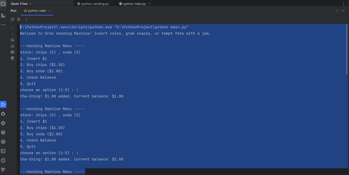 Tayeb2025T's tweet image. &quot;Built a vending machine simulator with Python! 🥤🍟 Insert coins, buy snacks, and maybe even get a freebie from a glitch! Random and intelligent features for a unique experience.
@CodeToInspire
@a_daneshyar
@f_forough
#AfghanGirlsCode #python #OOP
