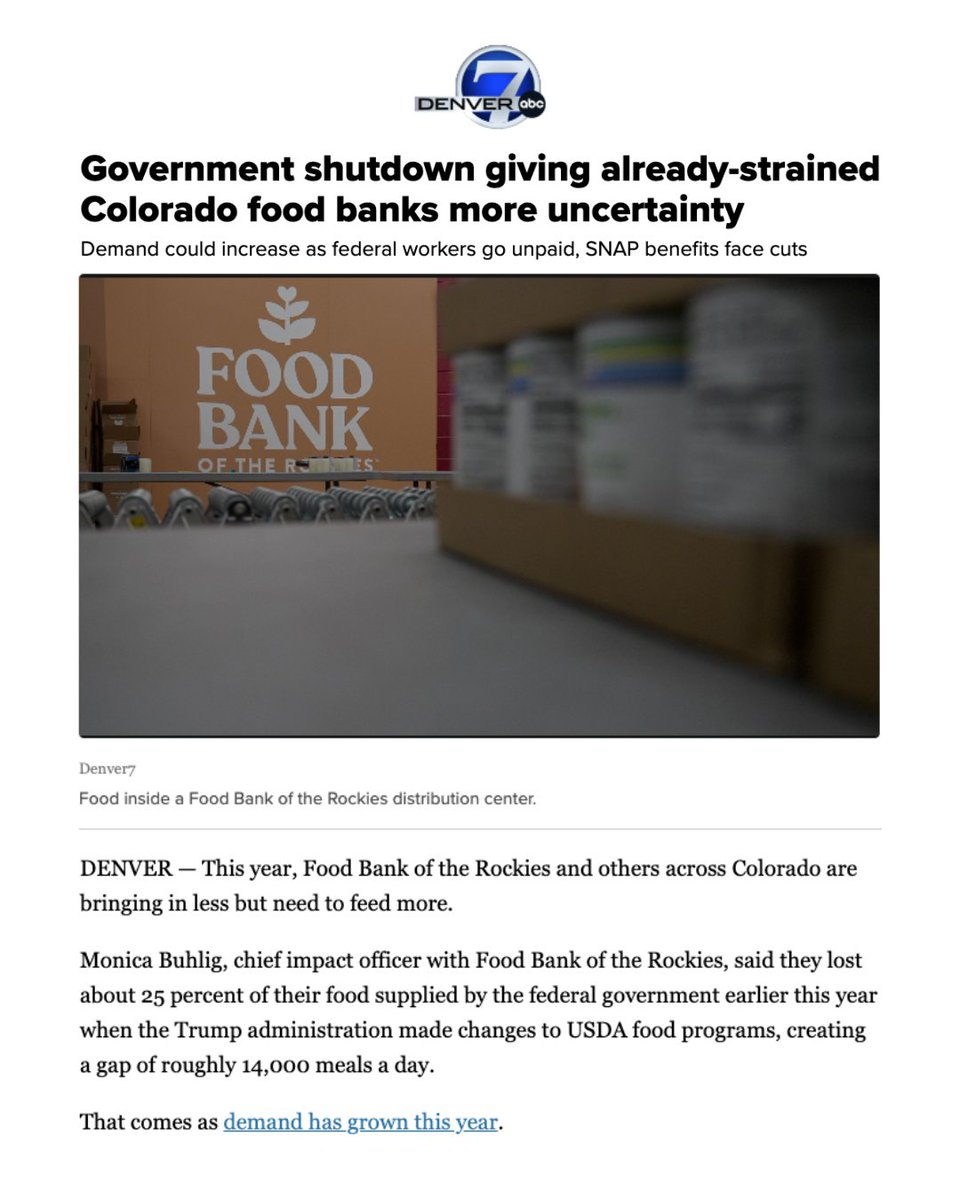 GovofCO's tweet photo. The government shutdown is adding pressure on already-strained food banks, and federal Supplemental Nutrition Assistance Program (SNAP) cuts put families at risk.
https://t.co/Q6F2QwHp5l https://t.co/h8I12ObfHF
