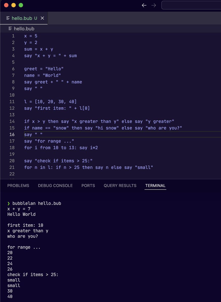 magic_bubblez's tweet image. Created BubbleLan - a tiny programming language written in Python with its own syntax, REPL and CLI.
Runs .bub files and supports variables, lists, arithmetic ops, strings, conditionals and for loops.
(repo link below)