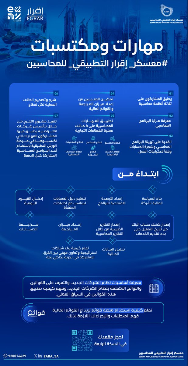 انت #محاسب ؟! .. #مدير_مالي ؟!
#رائد_اعمال ؟! .. او مهتم ببيئة عمل القطاع المحاسبي والمالي 

#عيش_المحاسبة وسجل في اعظم معسكر محاسبي 

للتسجيل 👇
egraracademy.sa/programs/8
#معسكر_اقرار_التطبيقي_للمحاسبين
<a href="/EABA_SA/">معسكر إقرار التطبيقي للمحاسبين والماليين</a>
