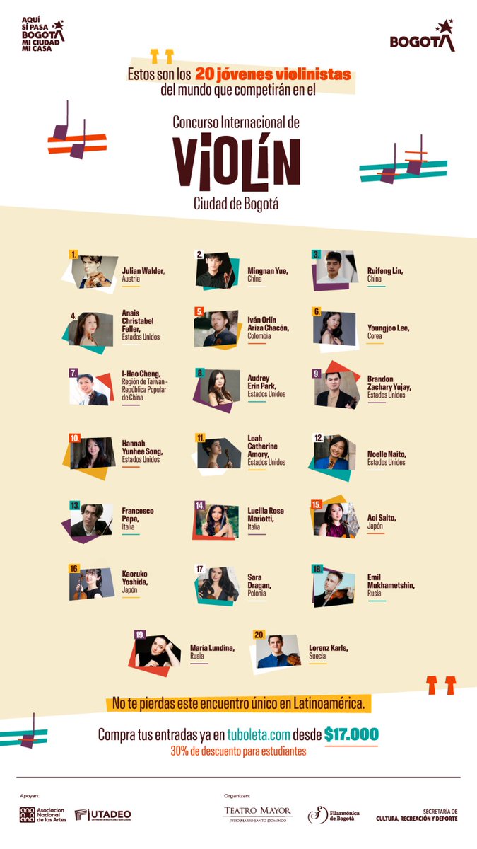 ¡20 talentos, 10 países, una sola pasión: el violín! Desde los escenarios más prestigiosos del mundo, llegan los jóvenes violinistas más prometedores del planeta #ConcursoInternacionalDeViolín, Compra tus boletas desde $17.000 aquí: bit.ly/BoletasConcurs…