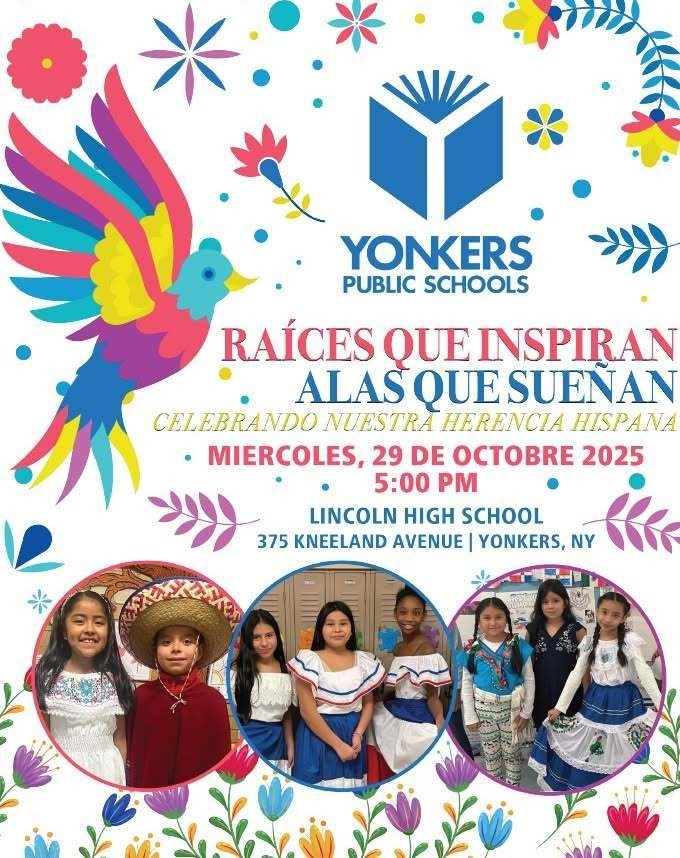 🎊 Get ready for an evening of dance, music and celebration! The #YonkersPublicSchools National Hispanic Heritage month event will take place at Lincoln High School on October 29 at 5pm. 

See you there ! 👀💃🕺