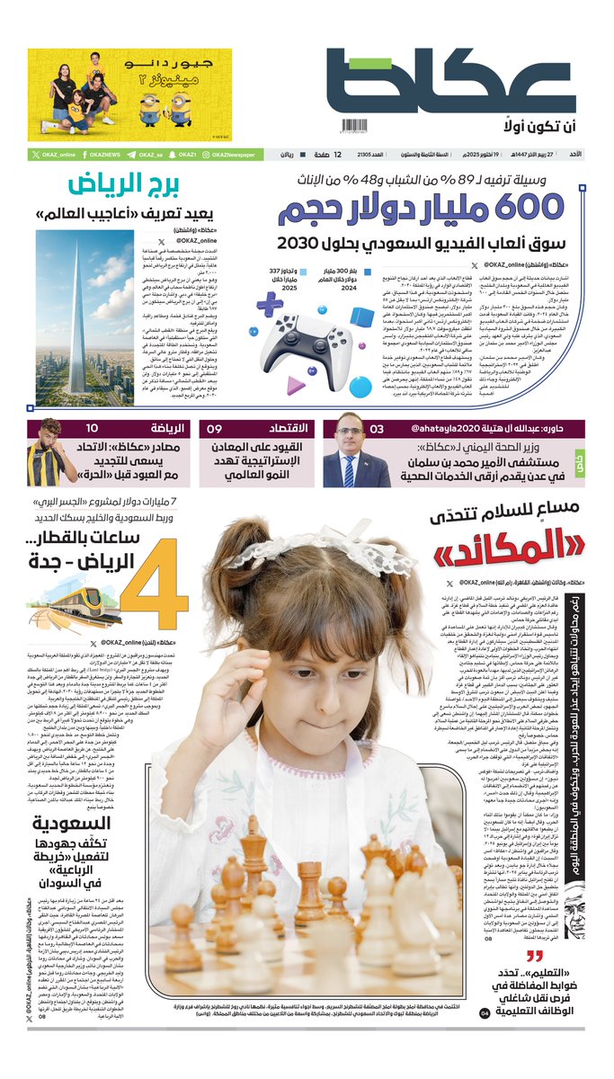 عكاظ (الصفحة الأولى) الأحد:

• 600 مليار دولار حجم سوق ألعاب الفيديو السعودي بحلول 2030

• برج الرياض يعيد تعريف «أعاجيب العالم»

• السعودية تكثّف جهودها لتفعيل «خريطة الرباعية» في السودان

• «التعليم».. تحدّد ضوابط المفاضلة في فرص نقل شاغلي الوظائف التعليمية

• مصادر