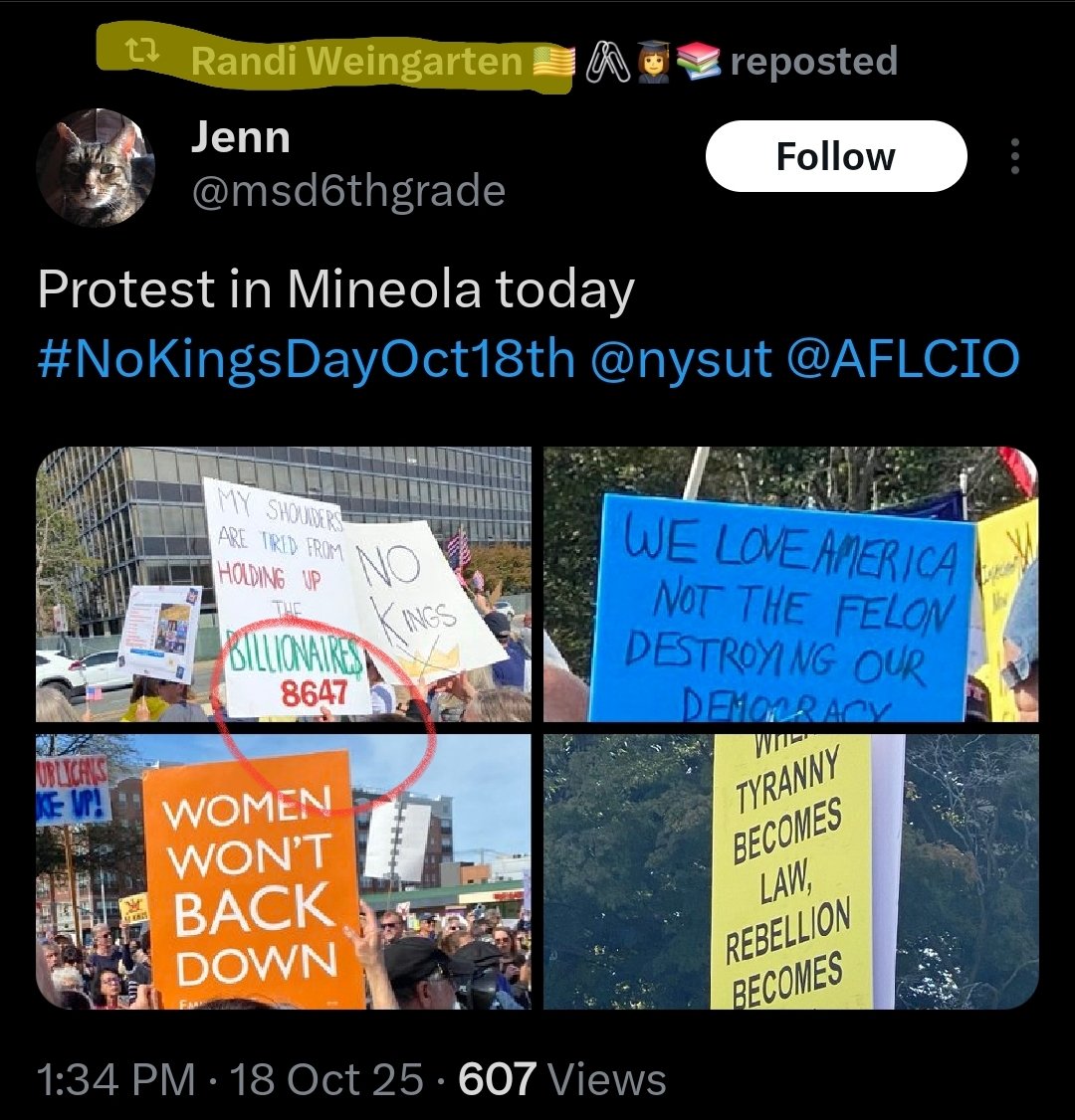 Randi Weingarten just reposted a sign that says "8647."