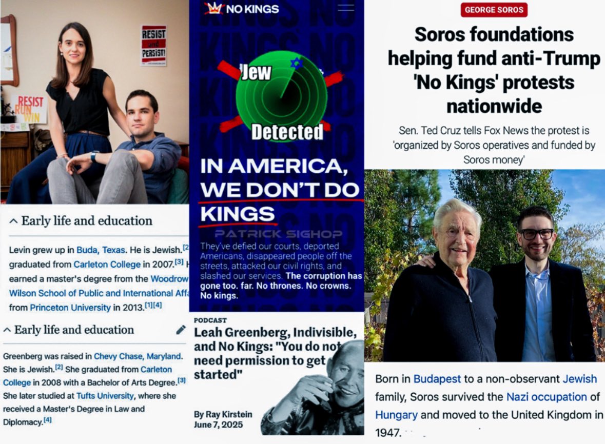 psyop4921's tweet image. No Kings, just more jews. 

Levin Greenberg Soros hat trick.
