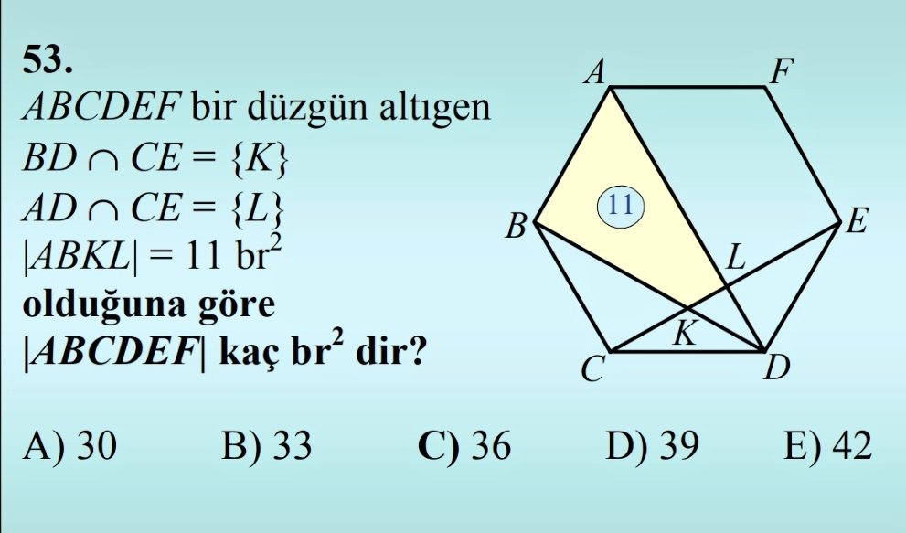 ABCDEF regular hexagon.
Yellow area=11
Area(ABCDEF)=?
#geometry