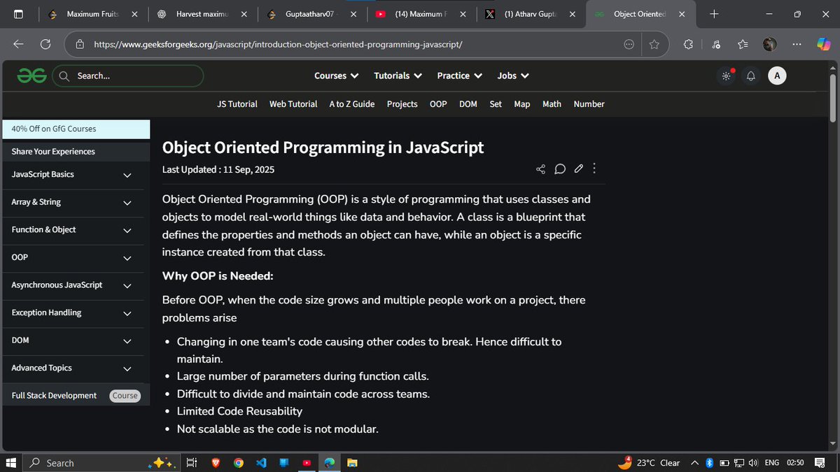 guptaAtharv07's tweet image. Day 27 of #100DaysOfCode ✅
The day was full of guilt... Even after staying home all day, I found tons of excuses not to study.
Completed functions from the doc and started with OOPs. Also tried solving Q2106 on LeetCode.