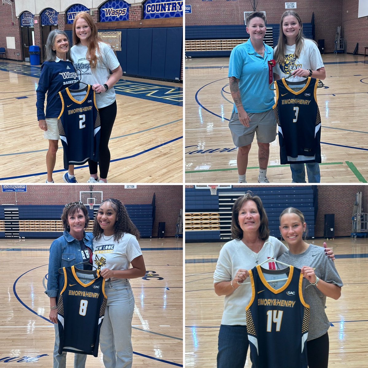 EmoryHenry_WBB's tweet photo. Happy Homecoming! Our new players received their jerseys from former E&amp;H WBB players at our annual Jersey Passdown today. Thank you to our alumni who attended and shared what this program has meant to them. We love this tradition! 🐝💙💛🏀 https://t.co/ojcbixsBRR