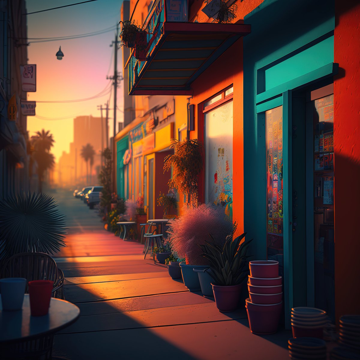 NoBanksNearby's tweet image. 7:08 AM. The sun spills deep oranges across the sidewalk, creating those impossibly long shadows. Notice the vibrant teal against the warming red walls. This isn&apos;t just a street; it&apos;s a calm breath, a moment inviting you to simply *be* in the rising light.

#NFTDrop #CreativeCode…