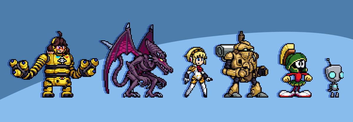 Set of characters for my friend OmegaSteve777

- Mechanica from Arms
- Ridley from Metroid
- Aigis from Persona 3
- Robo from Chrono Trigger
- Marvin the Martian from Looney Tunes
- GIR from Invader Zim

#pixelart
