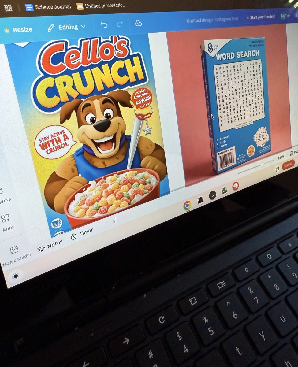 Low key Marketing class been 🔥 lately! Had to create our own cereal brand and I came up with Cello’s Crunch 🥣🐶

The dog was inspired by my pup Royal — when I’m not hoopin’, I’m chillin’ with her right beside me 🐾  #StudentAthlete #Marketing #QuietStormCel