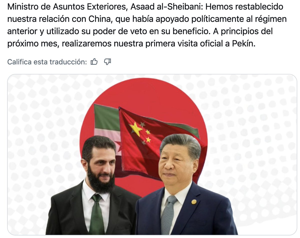 Faltaba China en reconocer al régimen terrorista islamista. Próxima parada: Pekín. Y a hacer negocios con el criminal de Al-Qaeda. Ni Rusia ni China han movido un pelo por Palestina y se entregan en brazos de un régimen brutal y asesino que sigue secuestrando, asesinando y