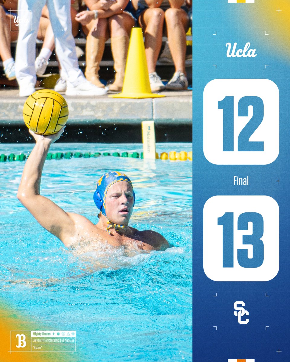 FINAL | No. 1 UCLA (18-1, 2-1 MPSF) falls to No. 3 USC (15-2, 2-1 MPSF), 13-12. 
*⃣ Ryder Dodd led the Bruins with 4⃣ goals.
*⃣ Nate Tauscher finished with 1⃣4⃣ saves.
*⃣ Power plays: UCLA 5-of-9 | USC 4-of-9.
#GoBruins 🐻🤽‍♂️