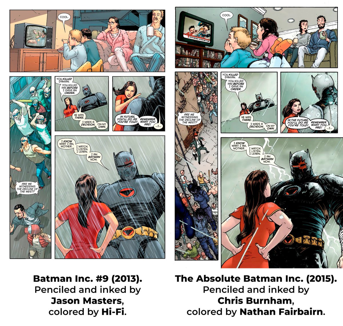 Chris Burnham was originally intended to be the sole artist for the 2012 "Batman Incorporated" series, but other artists had to be brought in to do a total of 21 pages across issues #6-10.

For the book's absolute edition (2015), Burnham redrew all 21 pages for consistency.