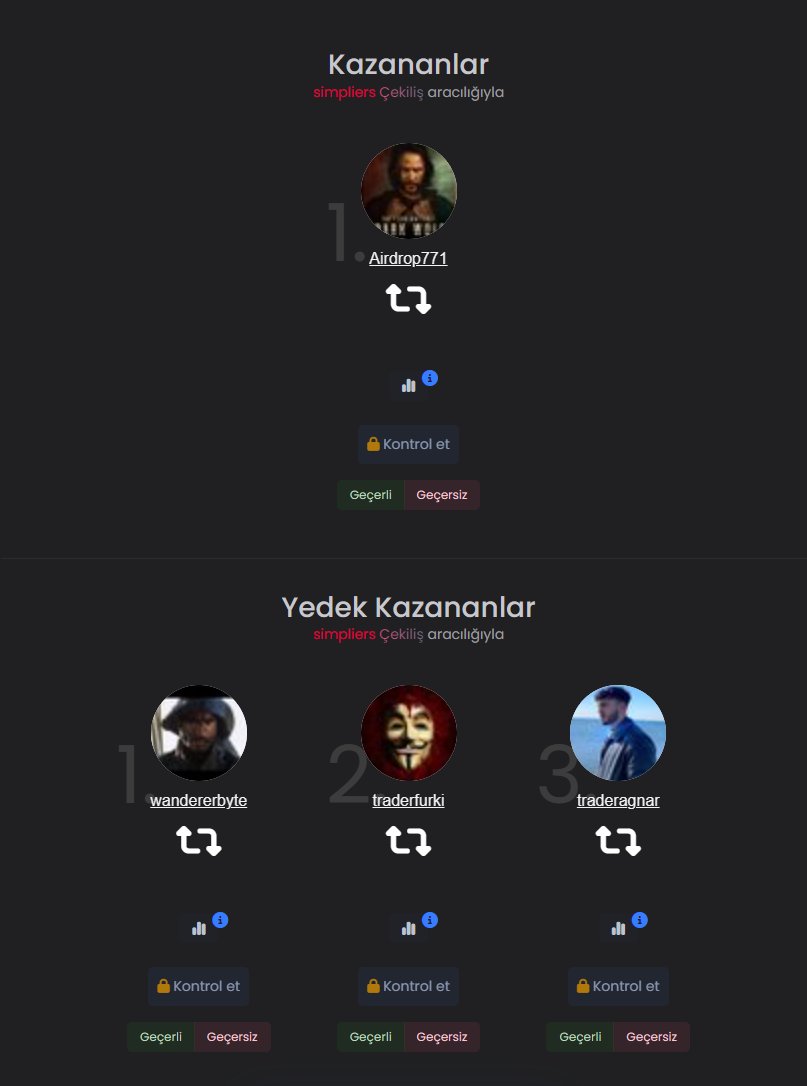 🎉 Çekiliş sonucunu <a href="/Airdrop771/">Ertan</a> kazanmıştır!
Tebrik ederim 🙏

▫️ Şartlar yerine getirilmezse, yedek katılımcılarla sırayla iletişime geçilecektir ❗️