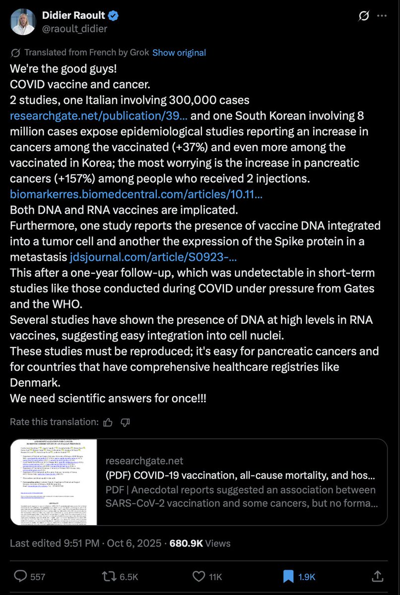 The Covid (Cancer producing) jabs.

Professor Didier Raoult lays out the evidence.

<a href="/cafelockedout/">Cafe Locked Out (KULTURE) 8:32</a> <a href="/MaryanneDemasi/">Maryanne Demasi, PhD</a> <a href="/richardursomd/">Dr. Urso</a> <a href="/drcole12/">Ryan Cole MD</a> <a href="/chrismartenson/">Chris Martenson</a> <a href="/JesslovesMJK/">Jessica Rose 🤙</a> <a href="/Jikkyleaks/">Jikkyleaks 🐭</a> <a href="/JohnLarter000/">John Larter</a> <a href="/JimFergusonUK/">Jim Ferguson</a> <a href="/TuckerCarlson/">Tucker Carlson</a>