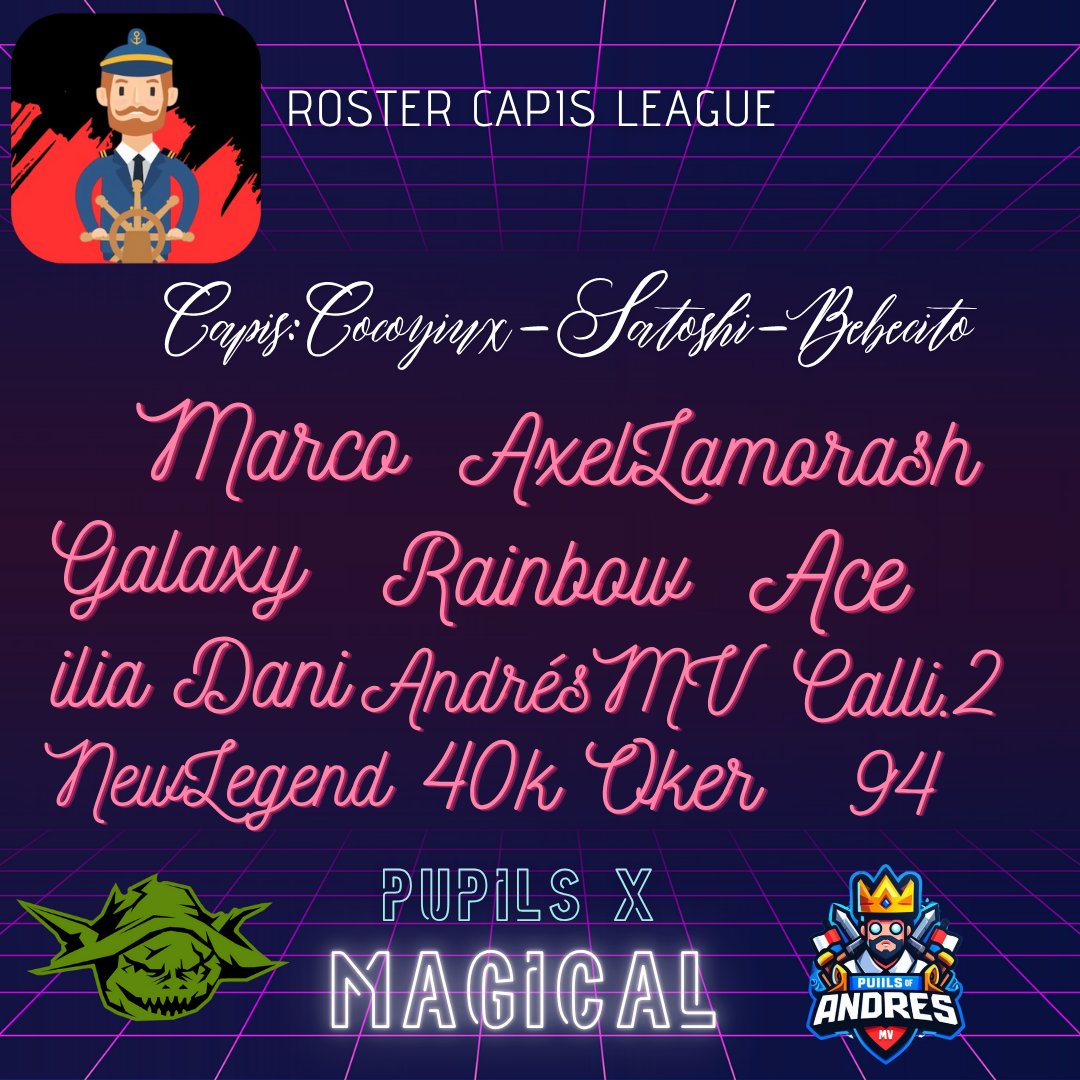 The Pupils and the goblins unite in a common goal: to conquer the arena of the <a href="/CapisLeagueE1/">Capis League</a> ✨️
Always grateful to <a href="/AGD_eSports/">𝘈𝘎𝘋 𝘦𝘚𝘱𝘰𝘳𝘵𝘴 🌪️</a> and <a href="/ChazeIsGoat/">Chaze</a> ✨️
This is our roster ✨️