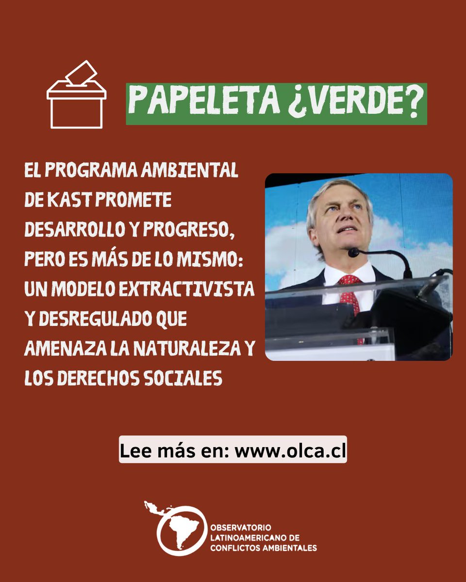 🟢🗳️Papeleta ¿Verde?
El programa de Kast promete desarrollo, pero es más de lo mismo: más extractivismo, menos regulación y un Estado al servicio de las grandes empresas. 

➡️Descarga el documento en nuestro sitio web
olca.cl/articulo/nota.…