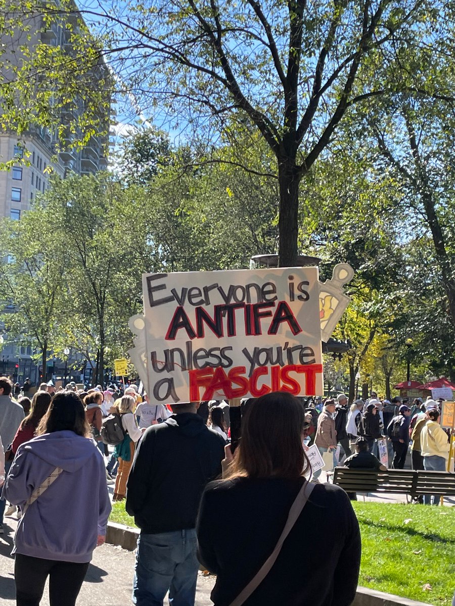 Absolutely doubled crowd size from #NoKings June, can confirm from a rural location AND via friends in NYC. The MANY over the MONEY! Here's another favorite sign (this one from Boston)—"Everyone is #Antifa unless you're a fascist" 😀 Looking at you, <a href="/SpeakerJohnson/">Speaker Mike Johnson</a> #AntiFascist