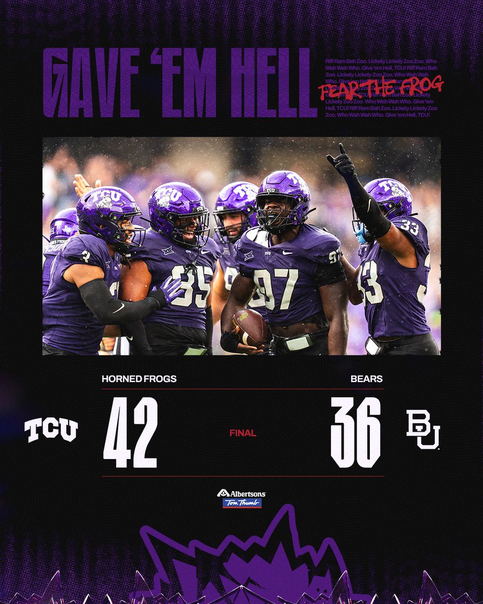 TCUFootball's tweet image. GAVE ‘EM HELL FOR FIVE HOURS AND FIFTY TWO MINUTES‼️
#GoFrogs 🐸 #ForTheWinners