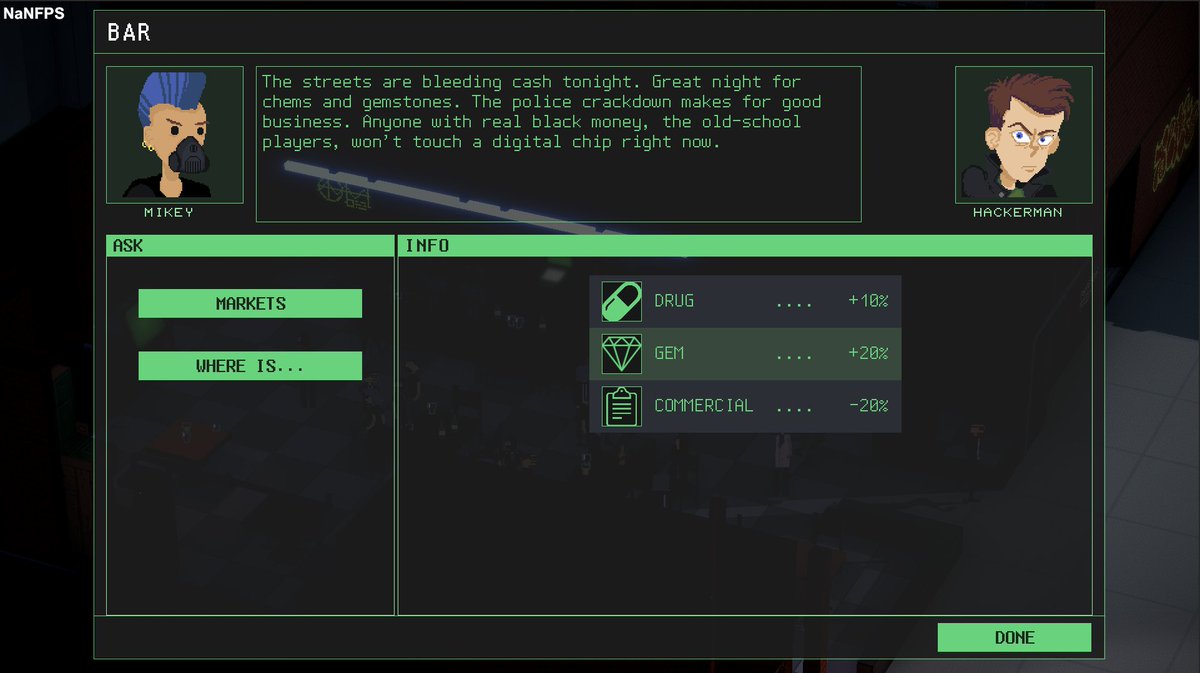 Word on the street is it's a great night for chems and gemstones. #gamedev #cyberpunk