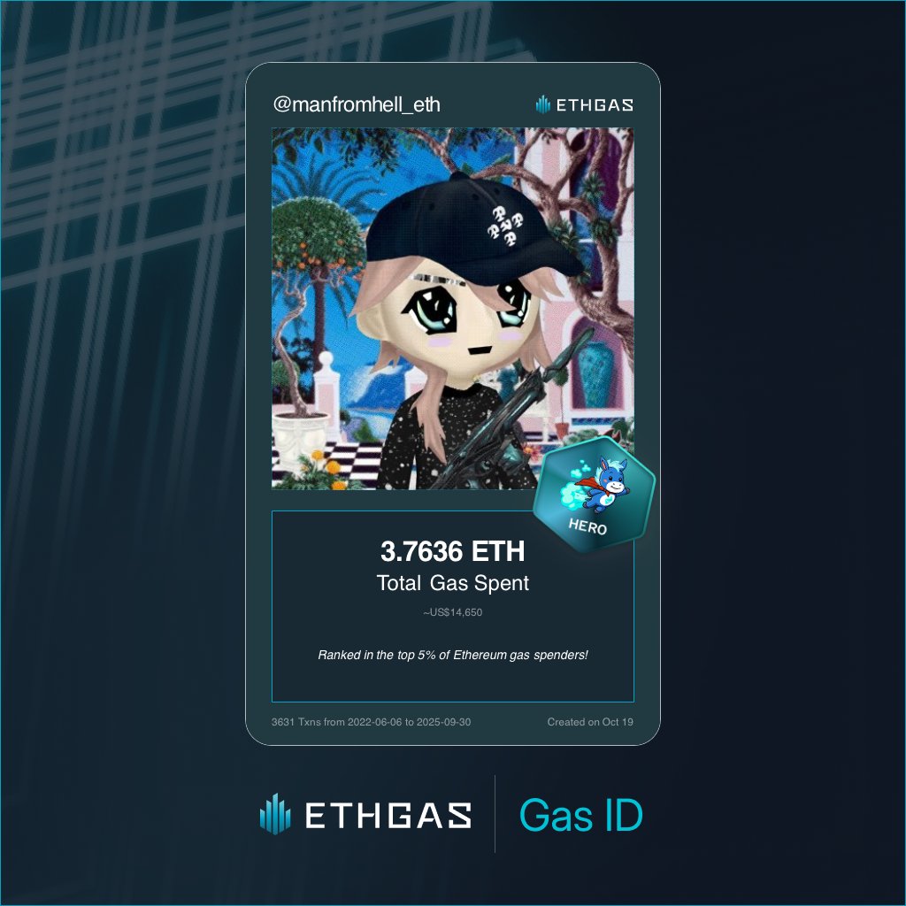 manfromhell_eth's tweet image. Leveled up in the Great Gas Reckoning with ETHGas! 💪
Hero Jack status: 3.7636 ETH gas spent, 2500 Beans earned—supporting the Gasless Future!
Claim your Gas ID at ethgas.com/community/gas-…