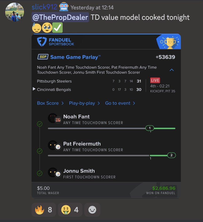 Let's cash ANOTHER parlay with my models 📈

✅ +8000 Touchdown SGP winner on TNF
✅ +1800, +750, +450, +360 TD winners on TNF
✅ +2400 Parlay winner on NFL Sunday
✅ +750, +650, +250 TD winners on MNF
✅ +1300 SGP winner on TNF last week

Win more with my models: