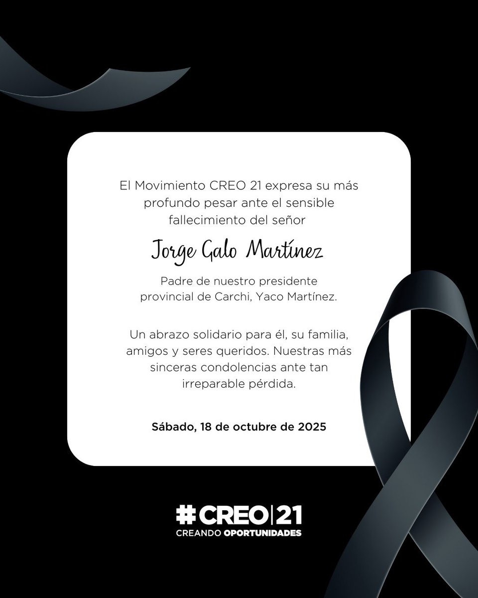 El Movimiento CREO 21 expresa su solidaridad con Yaco Martínez, presidente provincial de Carchi por el sensible fallecimiento de su padre, el señor Jorge Galo Martínez.
Nuestras más sinceras condolencias a su familia y seres queridos. 🕊️