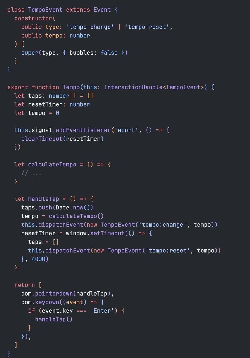 ryanflorence's tweet image. We reworked the Interactions
1. They look *exactly* like Remix Components now, which is what they are, but for events
2. Instead of everything being goofy CustomEvent and event.detail, you can define an interaction of any Event subclass you want, like a TempoEvent!
3. You just…