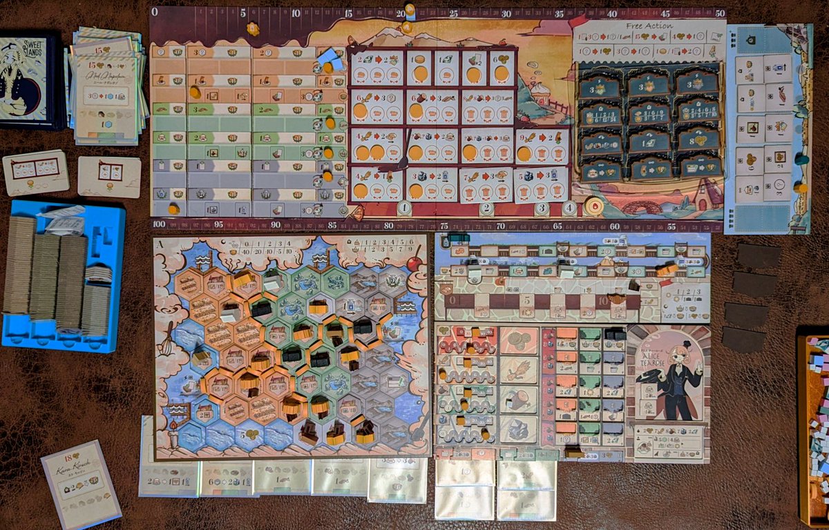 thirdender's tweet image. Second solo game of @uchibacoya&apos;s Sweet Lands, 306 points with Alice Tearose. Managed to build a lot of buildings, but still struggling to get a large number of cities spread across the board.