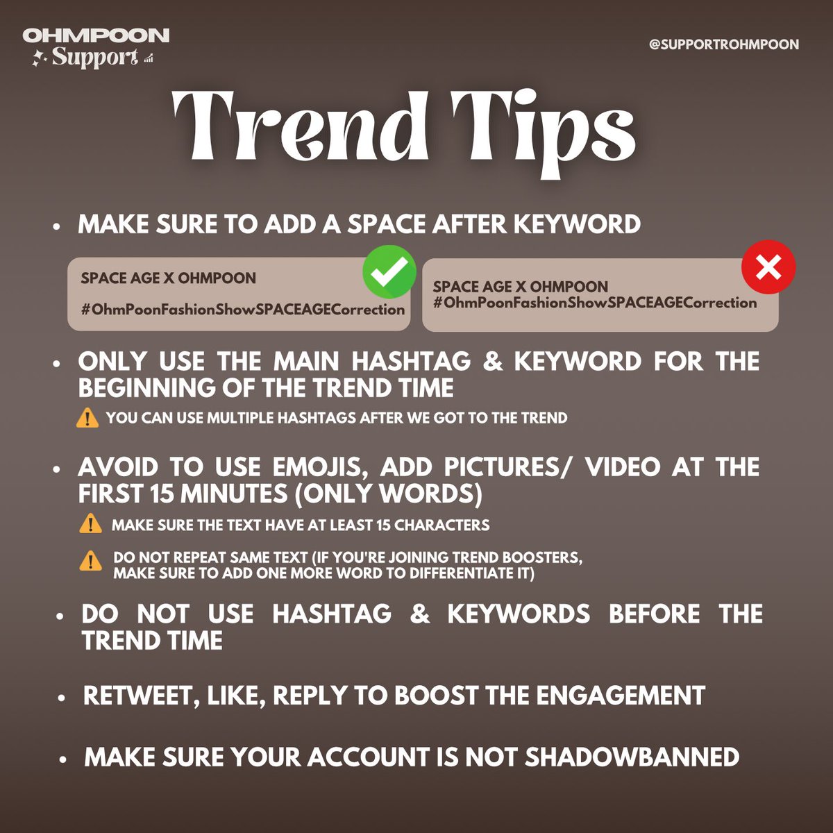 SupportOhmPoon's tweet photo. 📢 Trend Tips for Today’s Event

If you have a question do not hesitate to ask us! Let’s do this together!💪

（ #OhmPoon #โอห์มปูน #OhmThitiwat #poon_mit12 ） https://t.co/RtkIemJkXv
