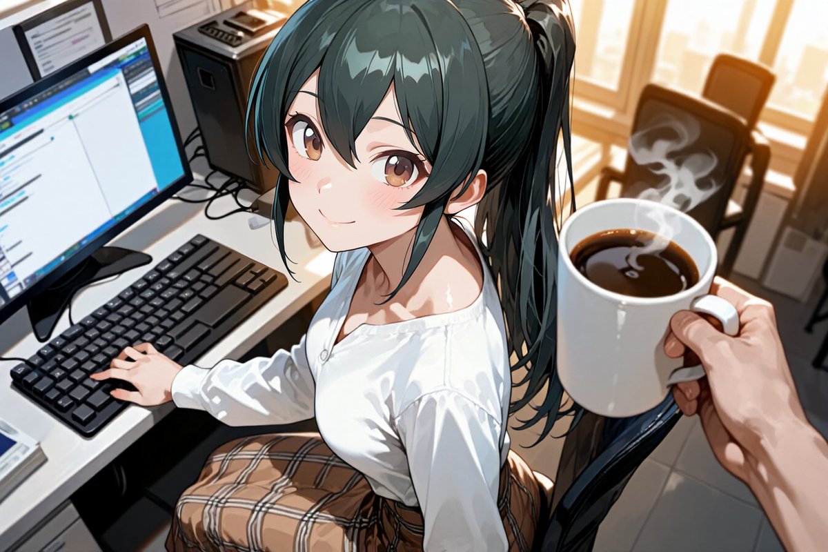 lirLIR1572248's tweet image. お題「都会のオフィスでスカートカジュアルコーデでパソコンでプログラミングしている大石泉」