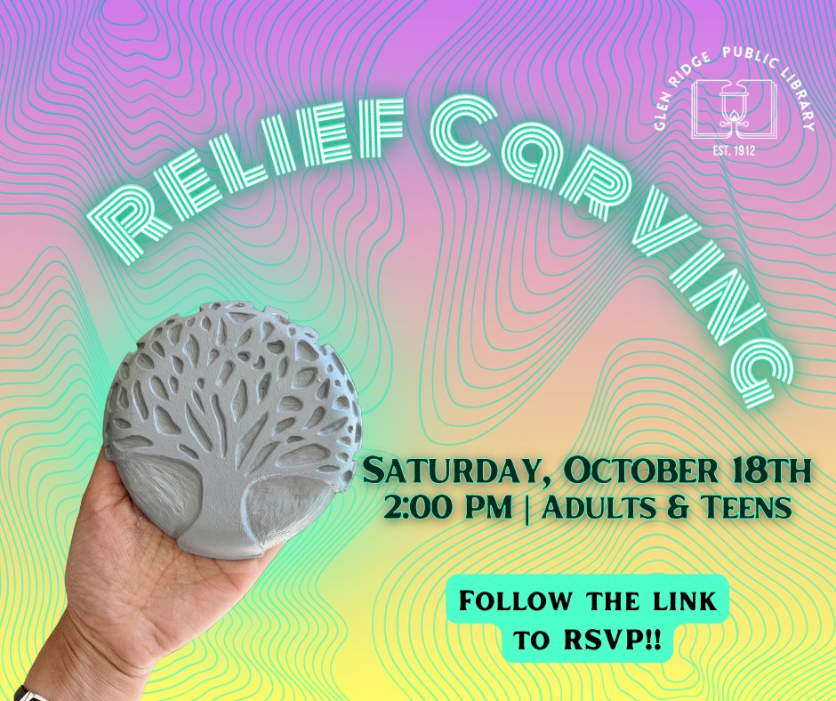 Looking for a Saturday activity to wind down this afternoon??

Join us for Relief Carving, this afternoon, Saturday, October 18th at 2:00 PM -

Follow the link to RSVP: bccls.libcal.com/event/15043859
Adults &amp; Teens | grades 6+