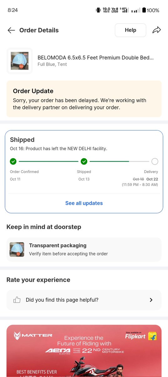 Pkumar0520's tweet photo. @Flipkart @flipkartsupport @jagograhakjago ordered a mosquito net from Flipkart with delivery promised by Oct 18. Still not delivered, now showing Oct 22. Poor management! Why such delays even for a Delhi order? Platform charges are taken, but timely delivery isn't ensured. https://t.co/f5HWzSIVaE